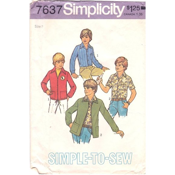 Vintage Sewing PATTERN Simplicity 7637, Simple to Sew Boys 1976 Unlined Shirt - Picture 1 of 2